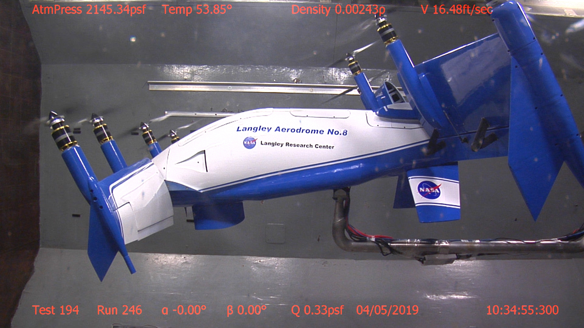 NASA's LA-8 uncrewed eVTOL tiltwing testbed during wind tunnel testing NASA's LA-8 uncrewed eVTOL tiltwing testbed during wind tunnel testing
